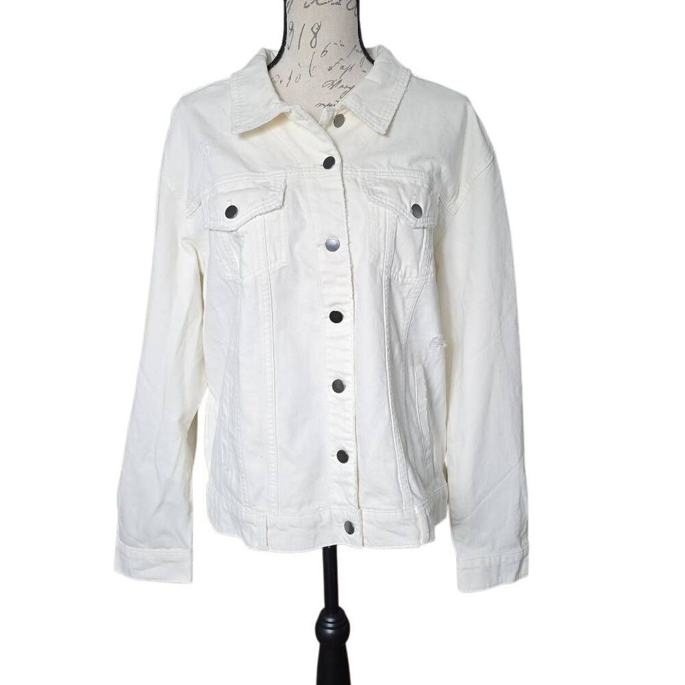 Kut From The Kloth Women’s Size XL Ecru Emmy Distressed Denim Boyfriend Jacket